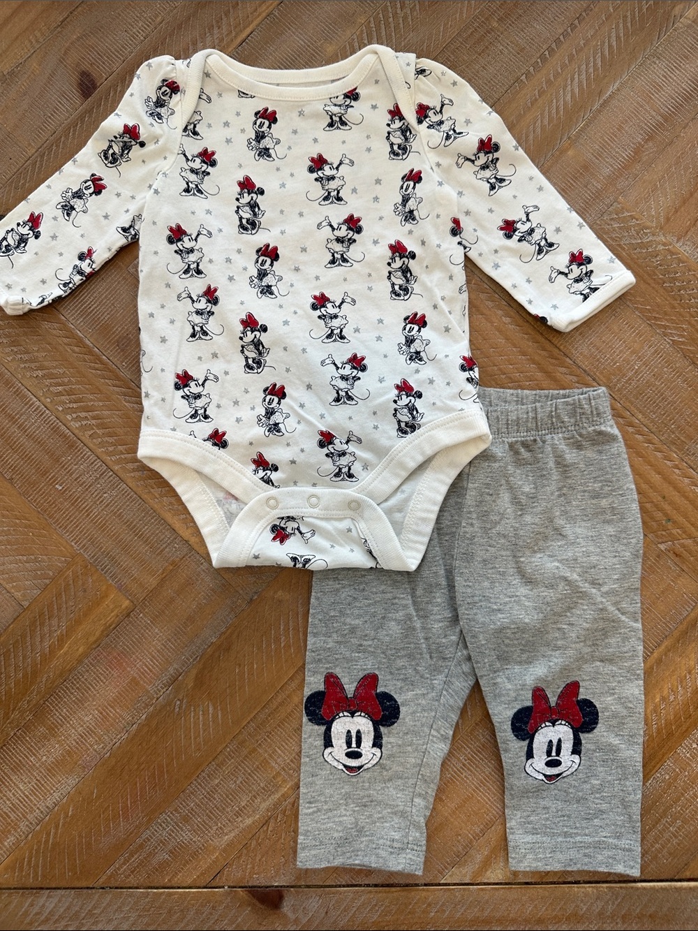 GAP Minnie Mouse Cream, Gray & Red Baby Matching Bodysuit and Leggings Set
